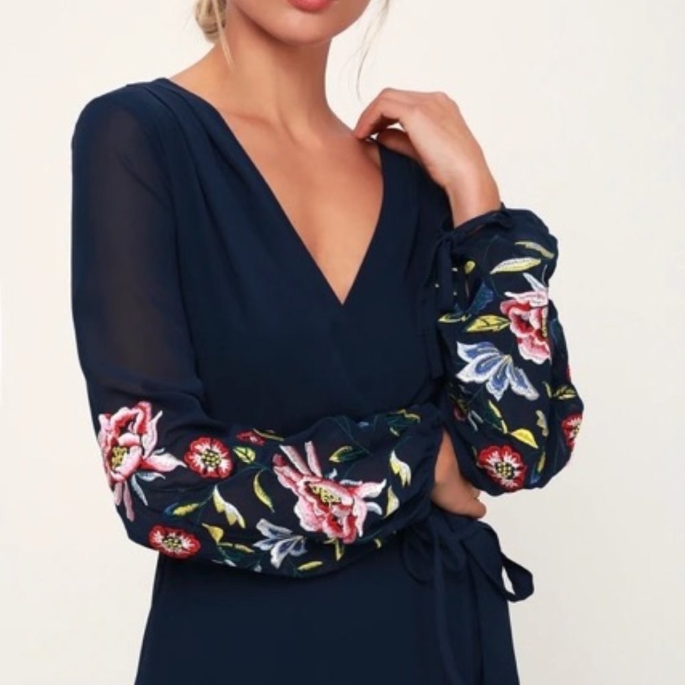 Lulus My Angel Navy Blue Embroidered Long Sleeve Wrap Maxi Dress
